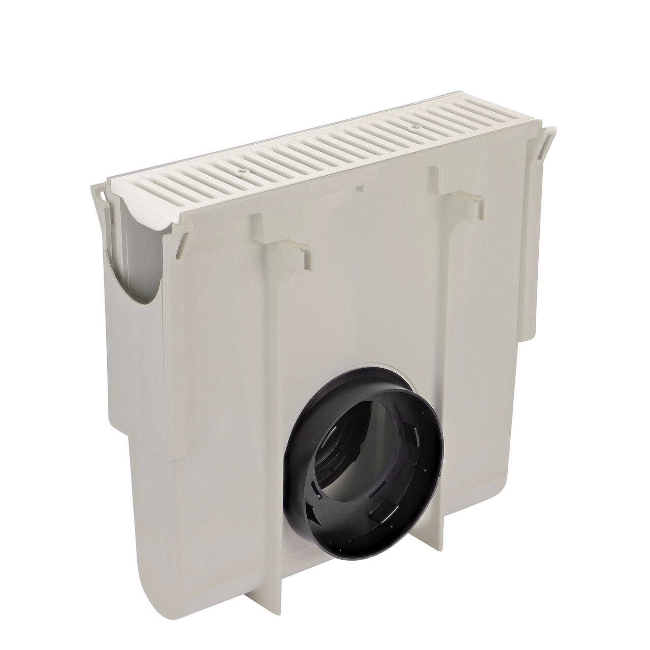 The NDS Dura Slope InLine Catch Basin (NDS DS-340) with Dura Slope Channel Drain Grate (NDS 661LG) fits the NDS Offset Outlet Adapter (NDS 1888) which connects to 8 in. Drain Pipes