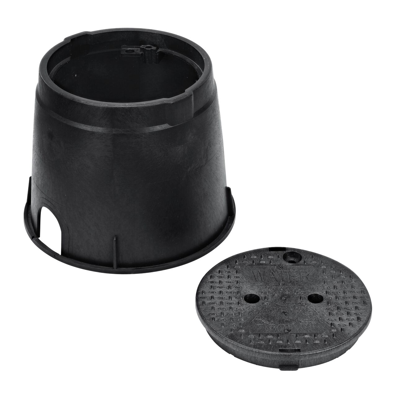 Unassembled View of the NDS 10 in. Round Standard Series Black Box and Black Water Cover (NDS 111BCW) showing the overlapping cover with a bayonet twist-lock lid featuring two finger slots, making it easy to remove or secure onto the box