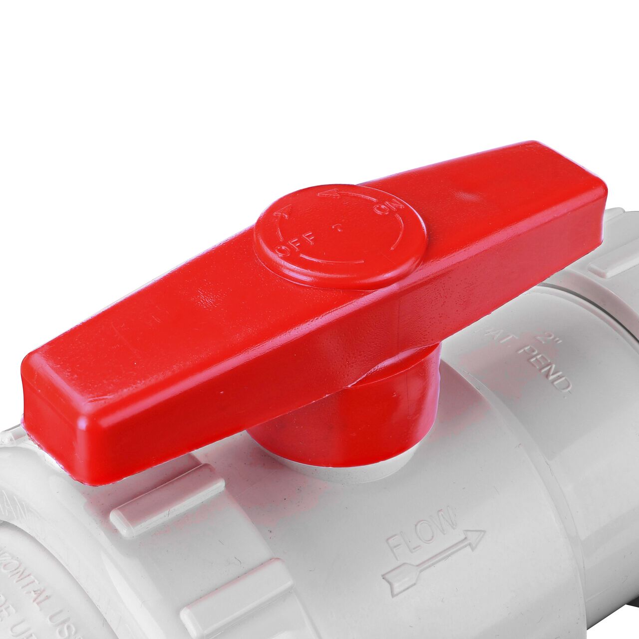 Closeup of the handle and flow markings on the NDS White 2 in, IPS UC X UC Checkmate PVC Swing Check and Ball Valve Combination (NDS 2200-20UC)
