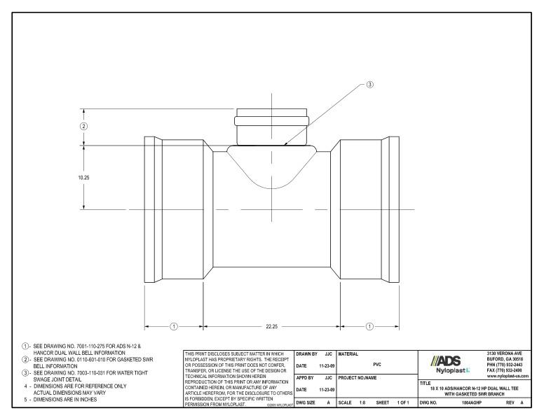 18 x 10 HP Tee with Gasketed SWR Bell Nyloplast Detail