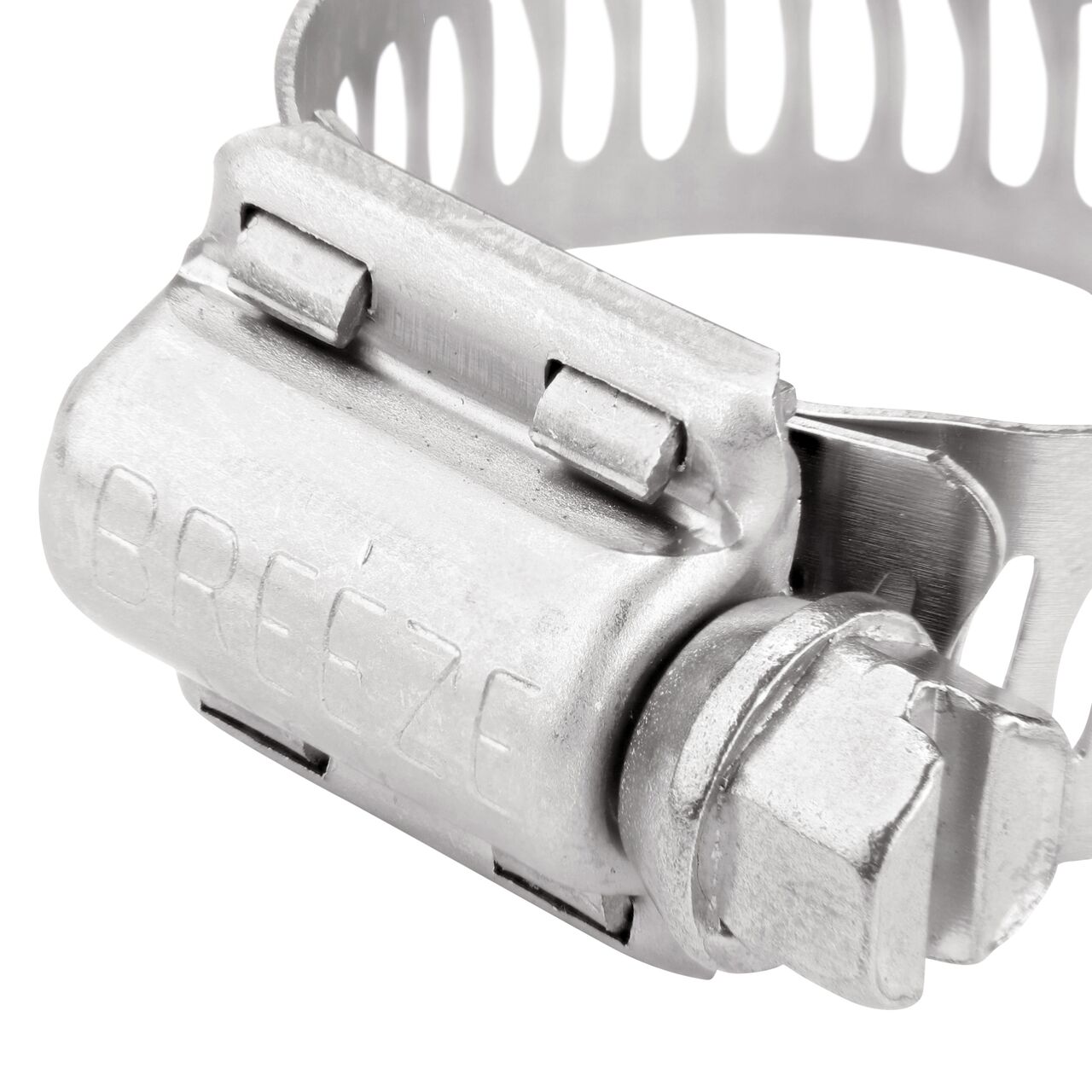 Closeup view of the NDS SAE 12 Worm Drive Hose Clamp with Aero Seal 1/2 in. band width (NDS 64012H) with a 5/16 in. 410 Stainless Steel hex screw; tighten to 30-45 in. lbs. torque to close