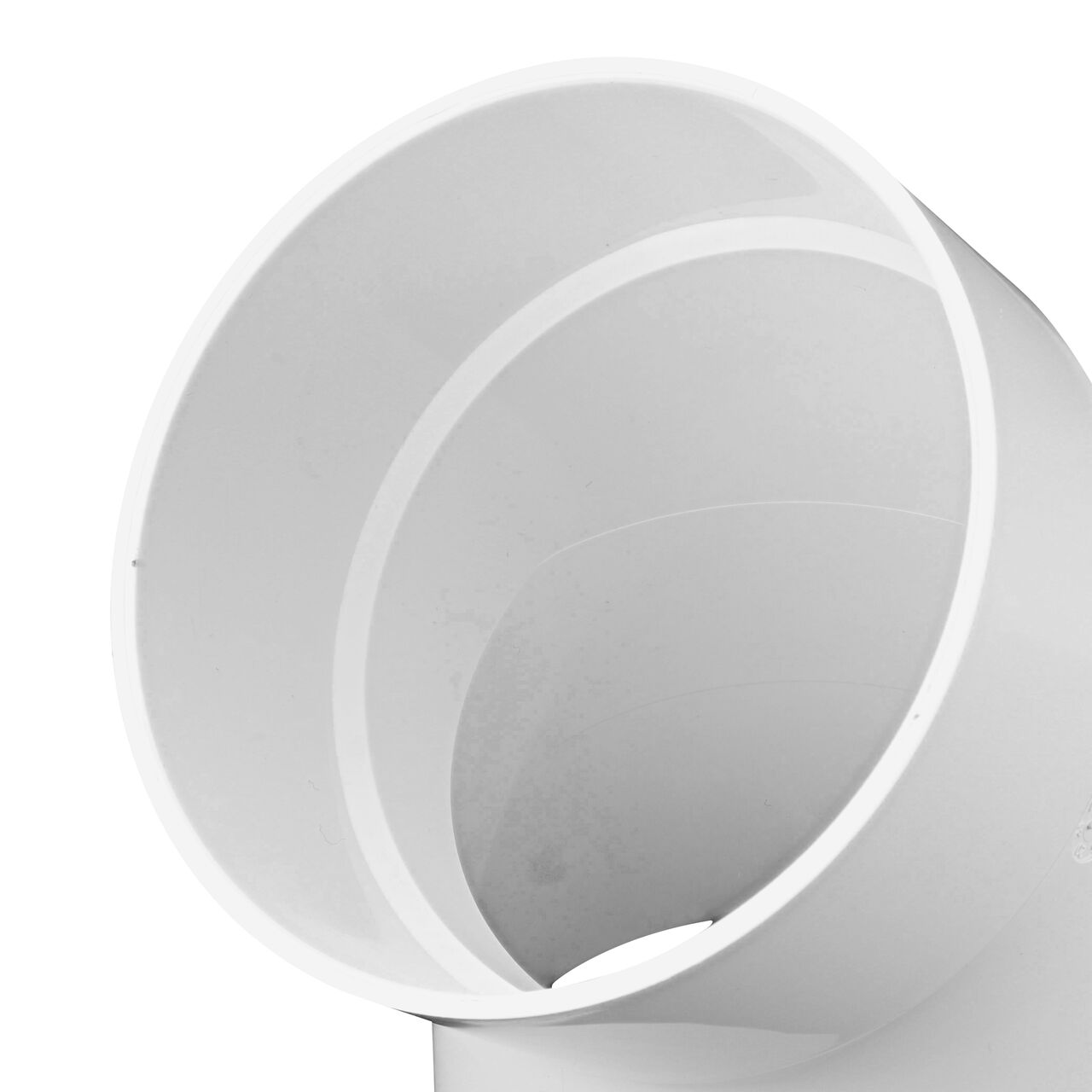 Closeup view of the hub connection end on the NDS PVC 45° street elbow, which connects 4 in. Sewer and Drain pipes (NDS 4P03ST, NDS L4P03ST)