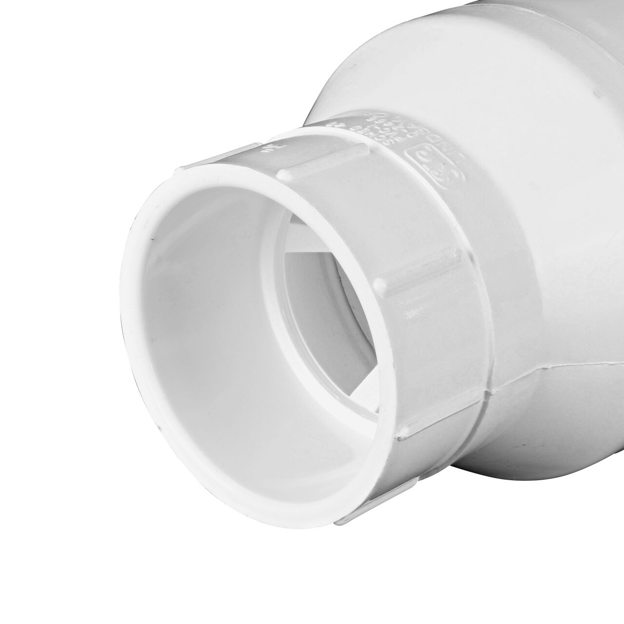 Closeup of the slip end of the NDS White 3 in. slip end by slip end PVC Spring Check Valve (NDS 1011-30, NDS 1012-30)