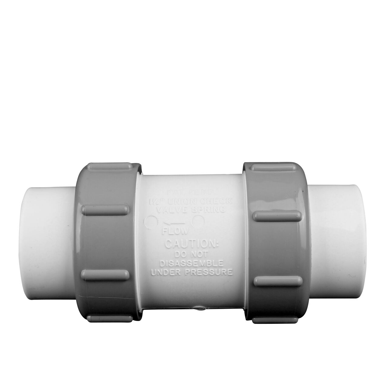 Side view of the NDS 1-1/2 in. IPS slip by slip PVC Compact True Union Spring Check Valve (NDS 1790-15)