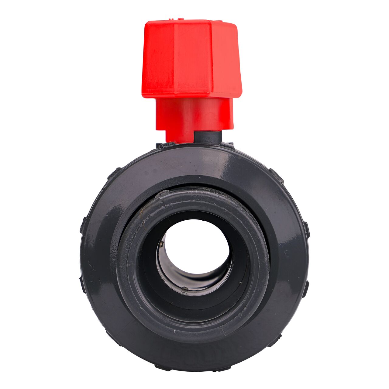 The 1 in. PVC Slip & Threaded True Union Ball Valve (NDS BTU-1000-E) shown with the connection end attached and with the handle in the open position to allow water to convey through the pipe.