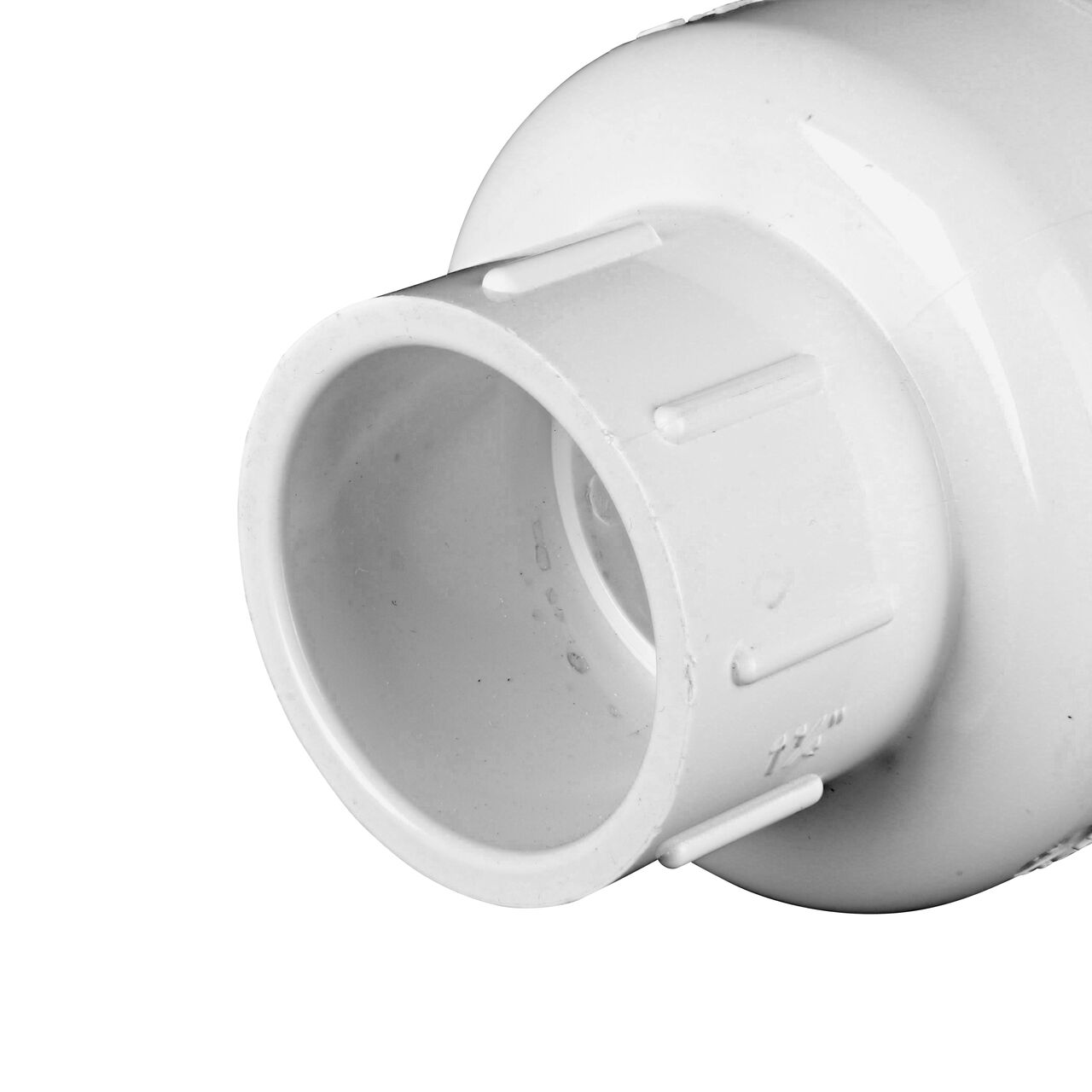 Closeup of the inlet end on the NDS White 1-1/4 in. slip end by slip end PVC Swing Check Valve (NDS 1520-12)