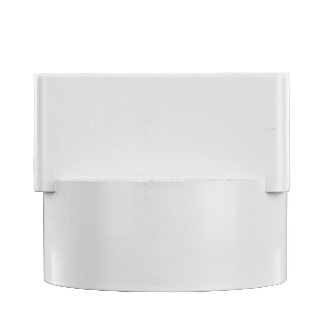 Side view of the NDS offset 3X4 in. Downspout X 4 in. S&D Hub Downspout Adapter (NDS 9P13) as it would be installed on a 4 in. S&D pipe