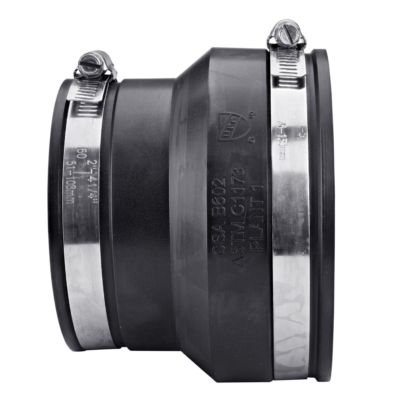 The NDS 4 in. X 3 in. flex coupling for cast iron/sewer and drain or DWV/copper/steel/lead pipes, in horizontal position, is made with material that flexes with normal earth movement (NDS 56-43)