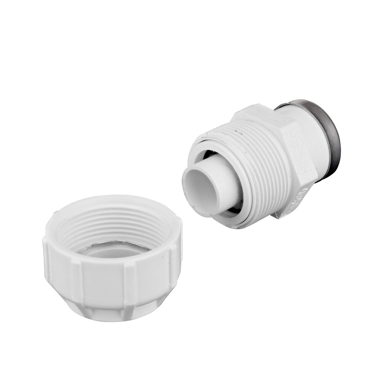 Unassembled NDS 1 in. SDR-9 CTS X 1 1/4 in. FPT Flo-Lock™ Gripper Adapter showing where the two ends come apart to secure the adapter to the pipe (NDS 731-12-10)