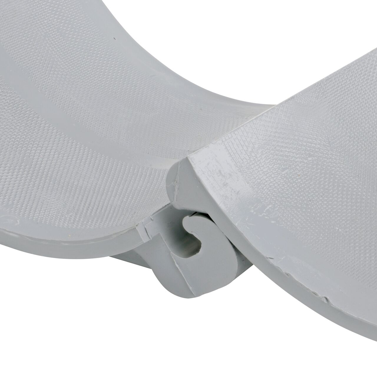 Closeup of the hinge open on the NDS Clamp-It™ Rigid PVC Saddle with 1 in. FPT connection on top (NDS 446010) for 6 in. PVC pipe