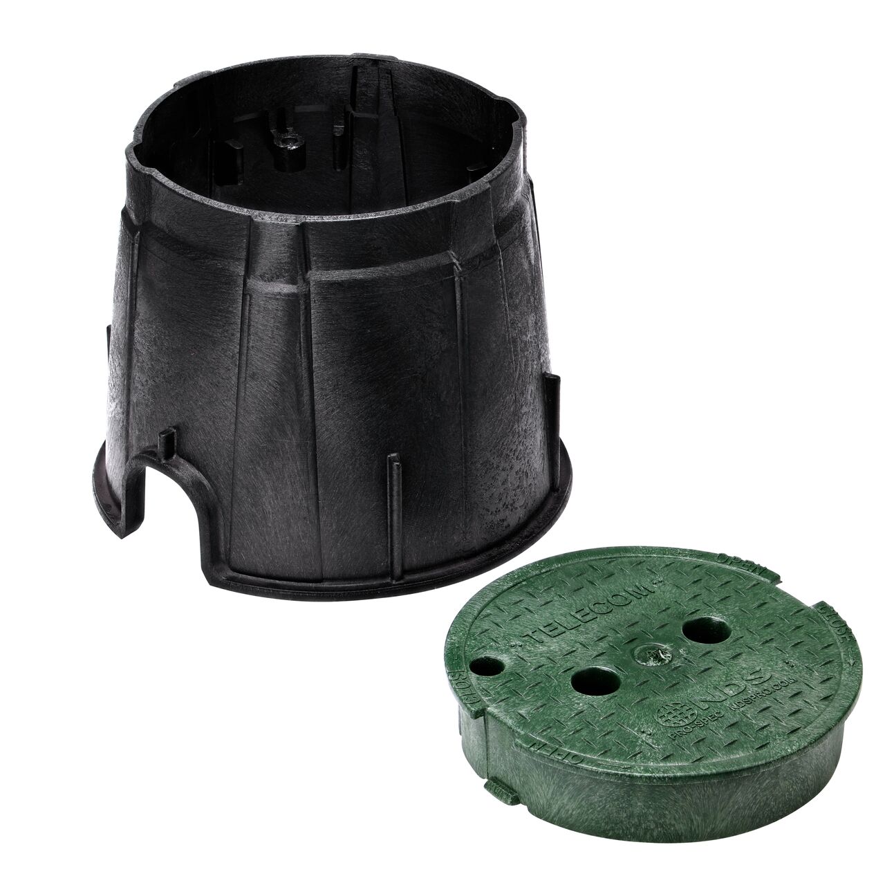 Unassembled View of the NDS 10 in. Round Pro-Spec Series Black Box and Green Telecom Cover (NDS 311BCBT) which includes a bolt for securing the lid in place