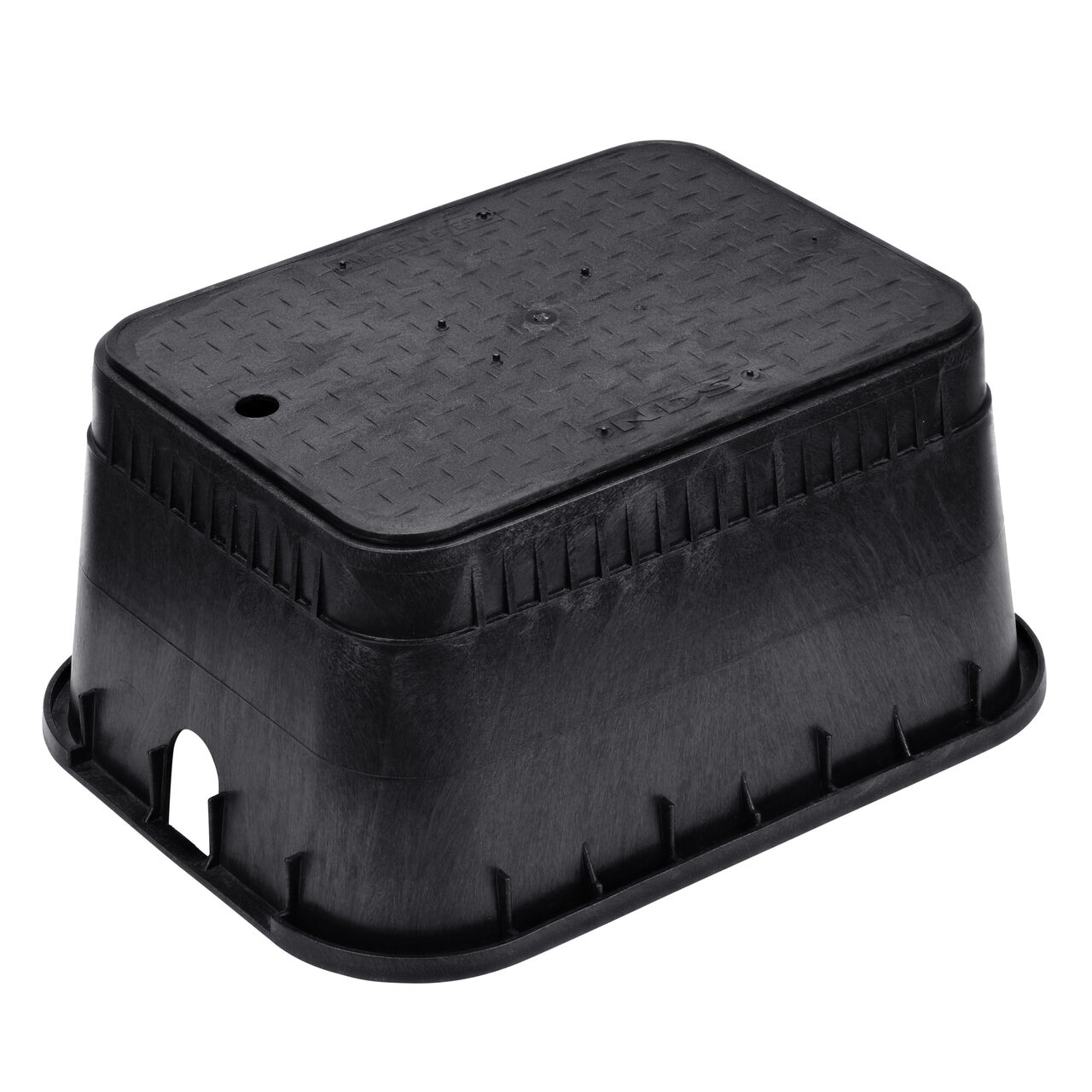 The NDS 13 in. X 20 in. Rectangular Standard Series Meter Box and Cover is a 12 in. high Black Box and Black Cover with Water Meter markings on the Overlapping lid (NDS D1500-OLSB) and protects underground irrigation and sprinkler system components and keeps them out of sight