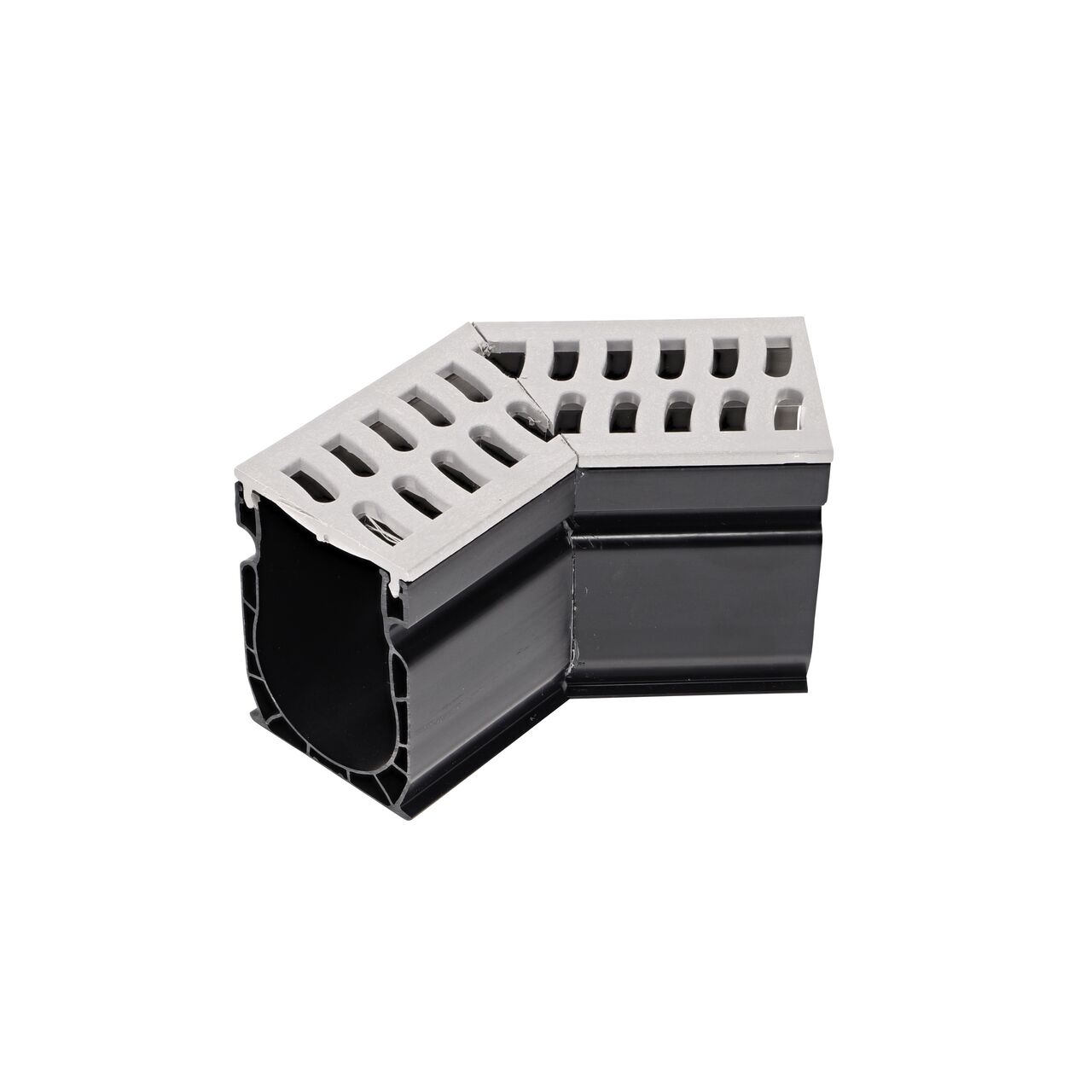 Hero shot of the Slim Channel™ Drain 45° Elbow and Grate in gray color (NDS 9303)