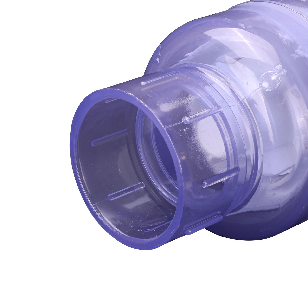 Closeup of the non-sloped end of the slip NDS Clear 2 in. slip end by slip end PVC Spring Check Valve (NDS 1011C20)