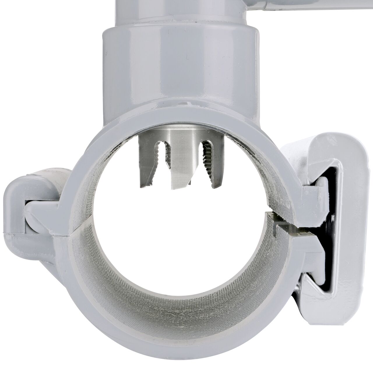 Turn the built-in saw tooth cutter clockwise to cut pipe opening on the 2-1/2 in. NDS Flo-Tap™ Rigid PVC saddle with 1-1/2 in. socket or 2 in. spigot (NDS 3225), then solvent-weld new line, turn counter-clockwise to remove cutter and debris, and replace cap to prevent leaking