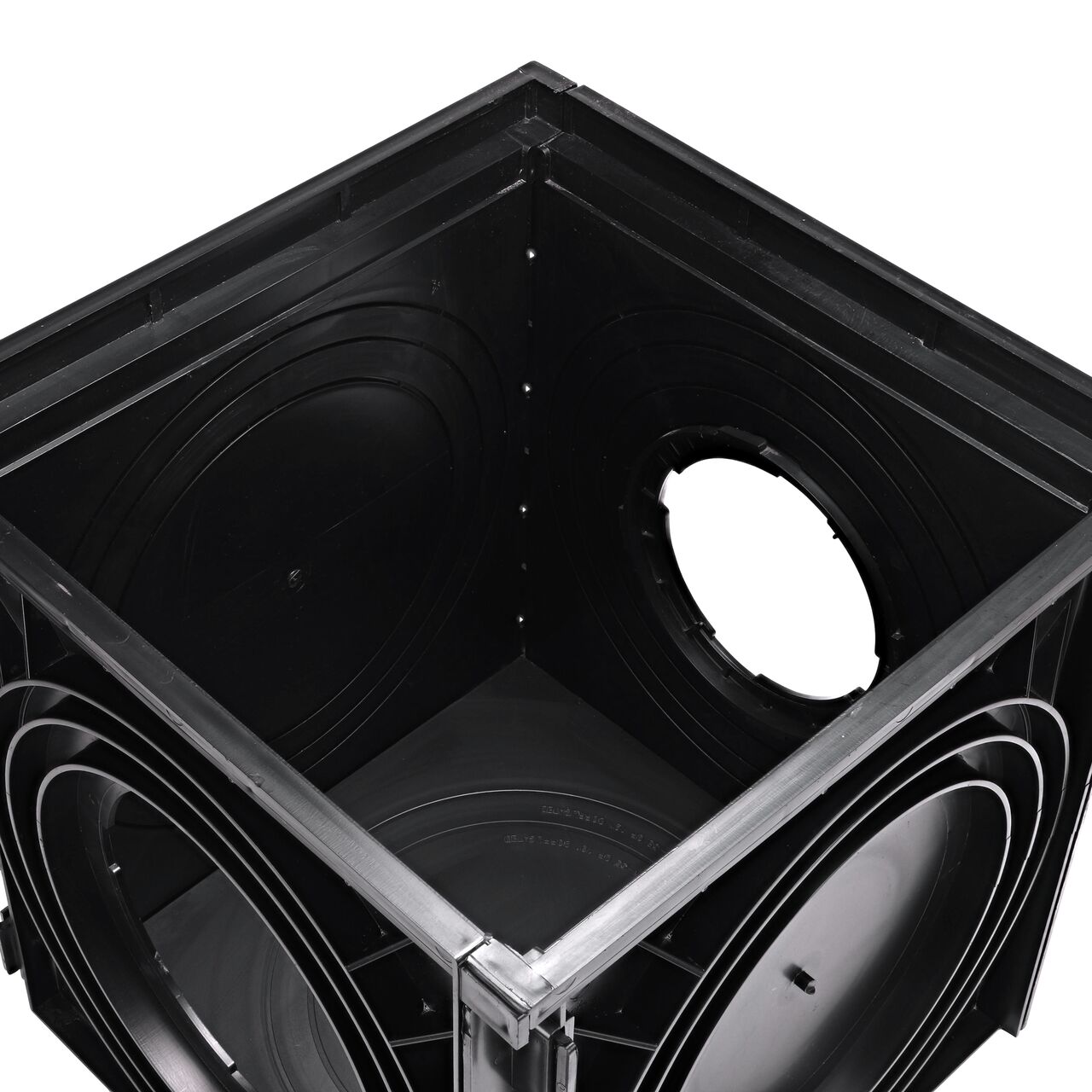 Inside view of the NDS Catch Basin bottom (NDS 1828) installed on the 18 in. Expandable Catch Basin Drain (NDS 1800)