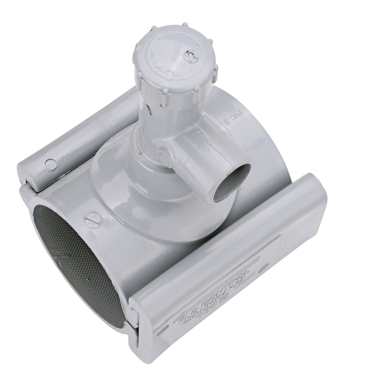Alternate angle of the 3 in. NDS Flo-Tap™ Rigid PVC saddle with 3/4 in. socket or 1 in. spigot connection on top (NDS 3130) which is made of corrosion-proof material and no bolts, washers, or nuts needed to install which means no rust