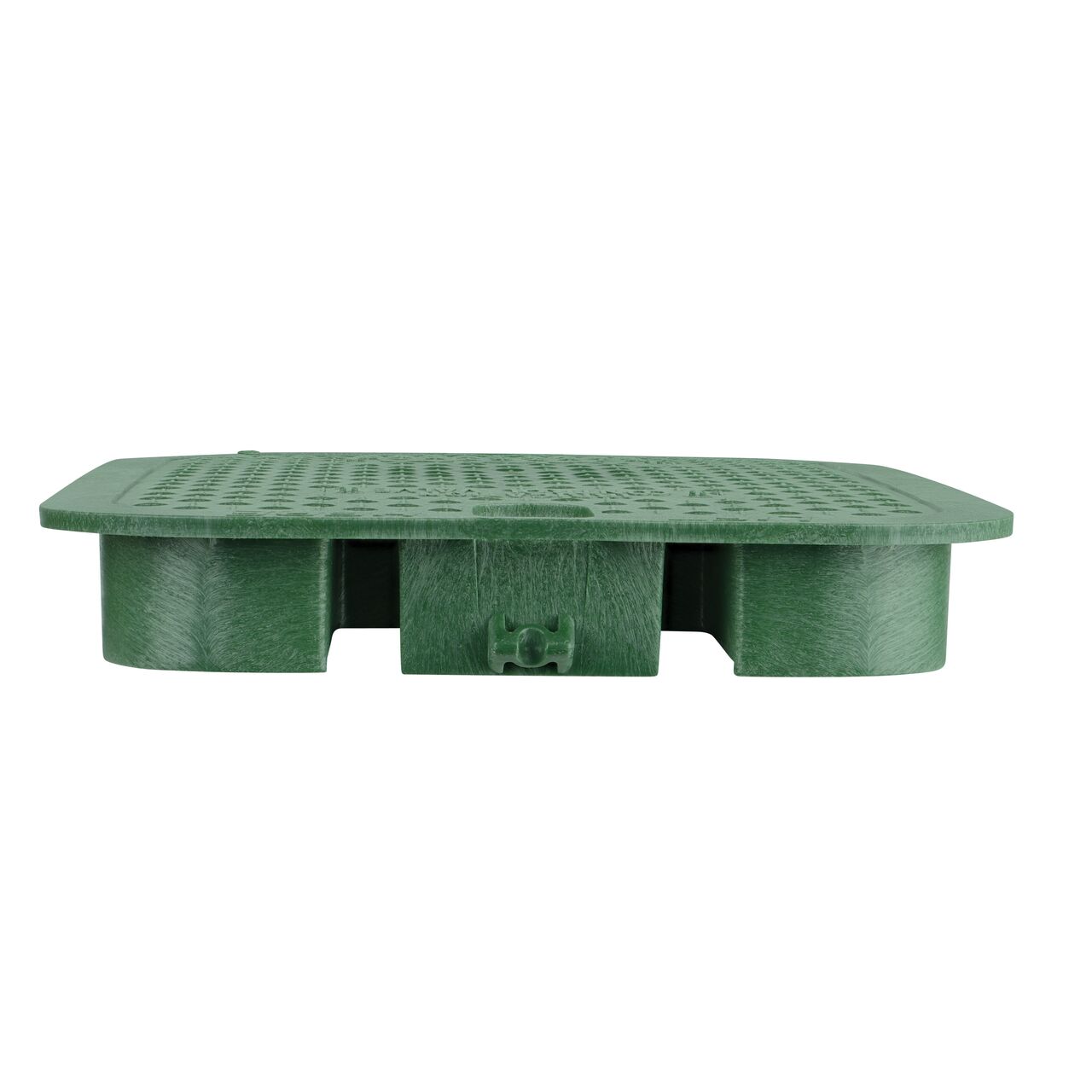 The NDS 14 X 19 in. Rectangular Standard Series Green Irrigation Control Valve Box Cover (NDS 113C) is an overlapping lid shown here from the side, that prevents dirt and debris from entering the valve box