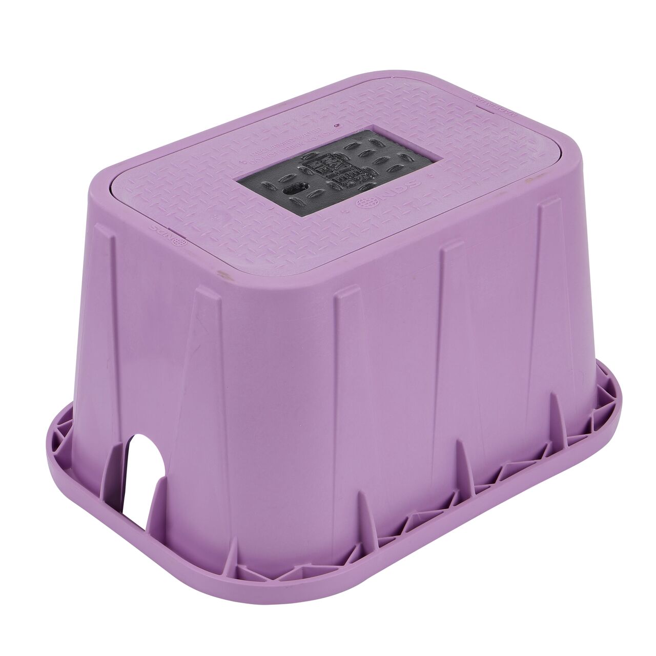 The NDS 14 in. X 19 in. Rectangular Standard Series Meter Box and Cover is a 12 in. high purple box and purple Cover with water meter markings on the Drop-in lid (NDS D1200P-DICIRP) with a Cast Iron reader door and protects underground irrigation and sprinkler system components and keeps them out of sight