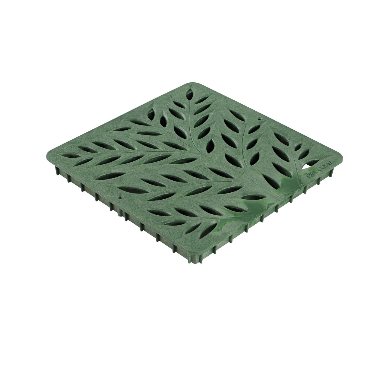 Green plastic 12 in. Catch Basin Grate (NDS 1218GR) with a decorative botanical design drains water as it blocks pipe-clogging debris