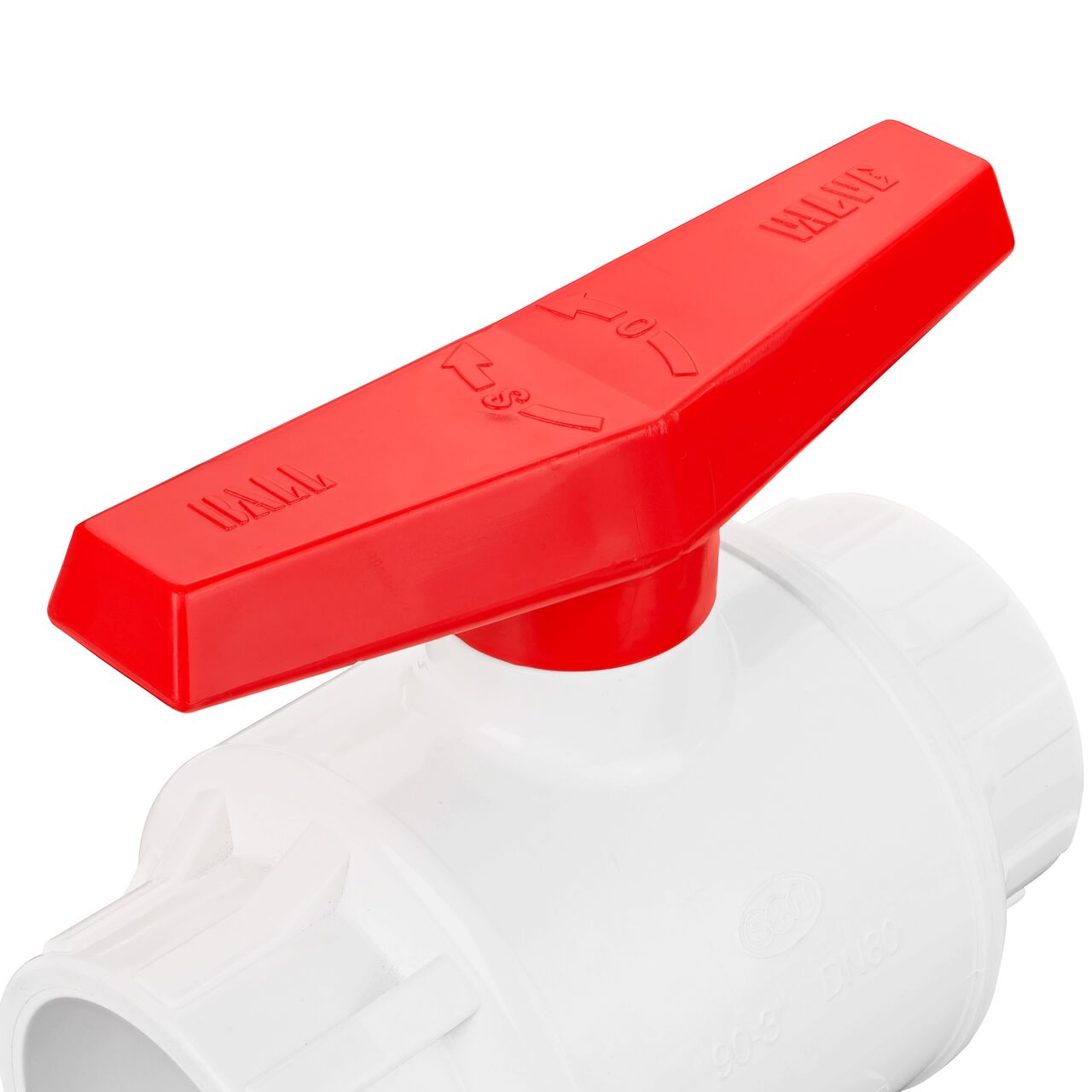 Closeup of the NDS IPS Ball Valve showing the handle that rotates two ways to control water flow (NDS E1410-30)