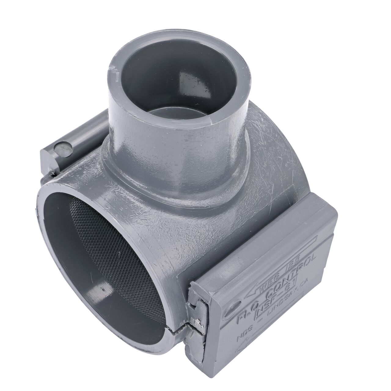 The 1 in. slip outlet at the top of the NDS Clamp-It™ Rigid PVC Saddle (NDS 332010P) for 2 in. PE pipe adds a riser or sprinkler to an existing pipeline for agricultural or mining applications
