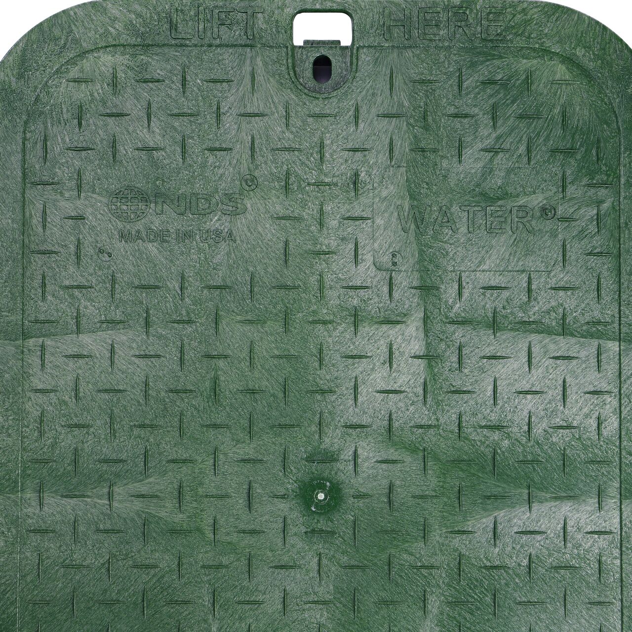 Closeup view of the Water markings on the Green Water cover (NDS 318CW) for the NDS 13 in. X 20 in. Rectangular Pro-Spec® Series Jumbo Valve Box