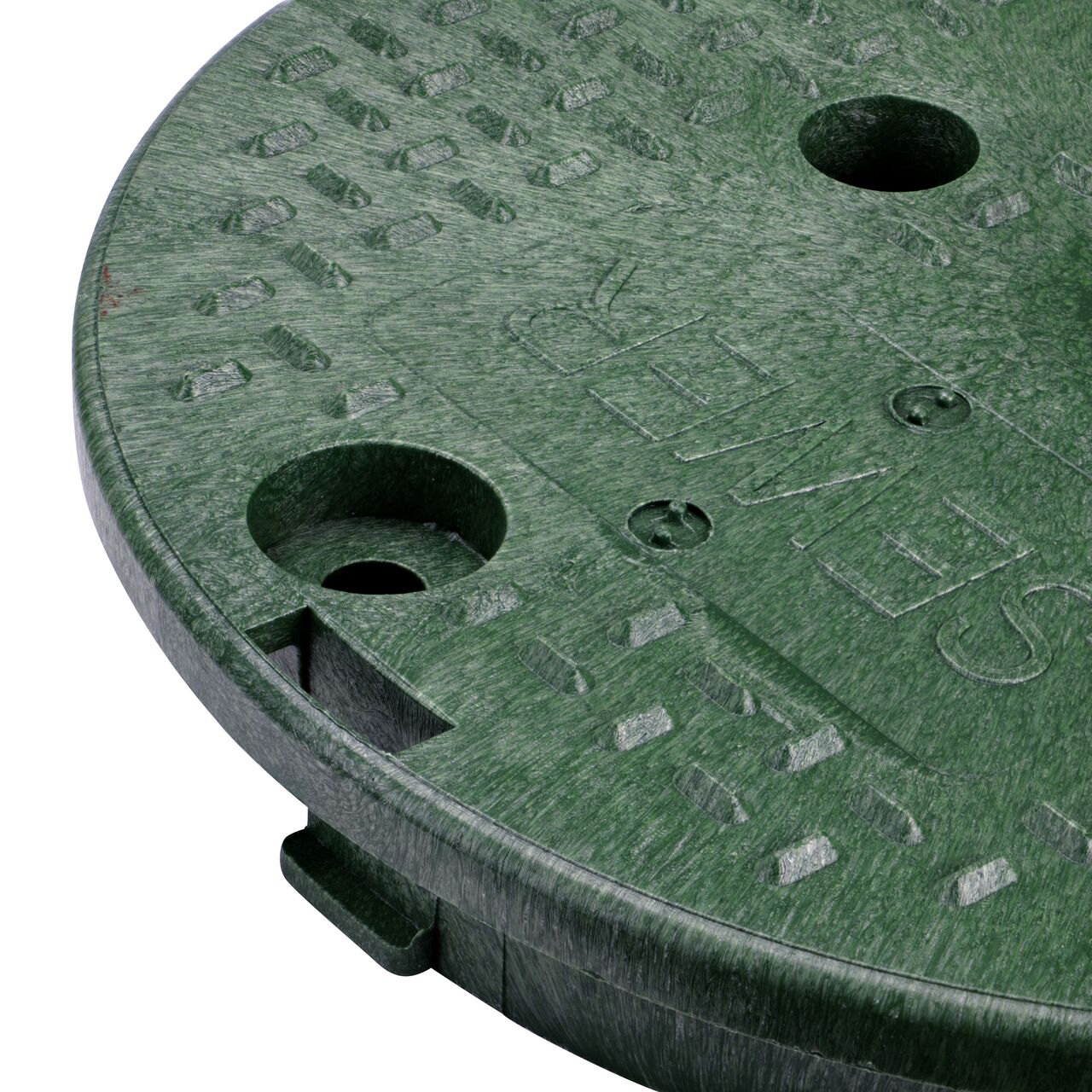 Closeup view of the locking mechanism and bolt hole on the green sewer cover for the NDS 10 in. Round Standard Series valve box (NDS 111CS)