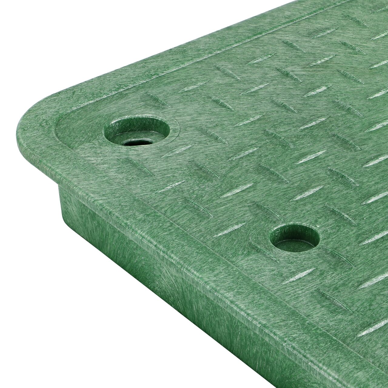 Closeup view of the locking mechanism and bolt hole on the Sewer cover (NDS 322CS) for the NDS 13 in. X 24 in. Rectangular Pro-Spec® Series Valve Box