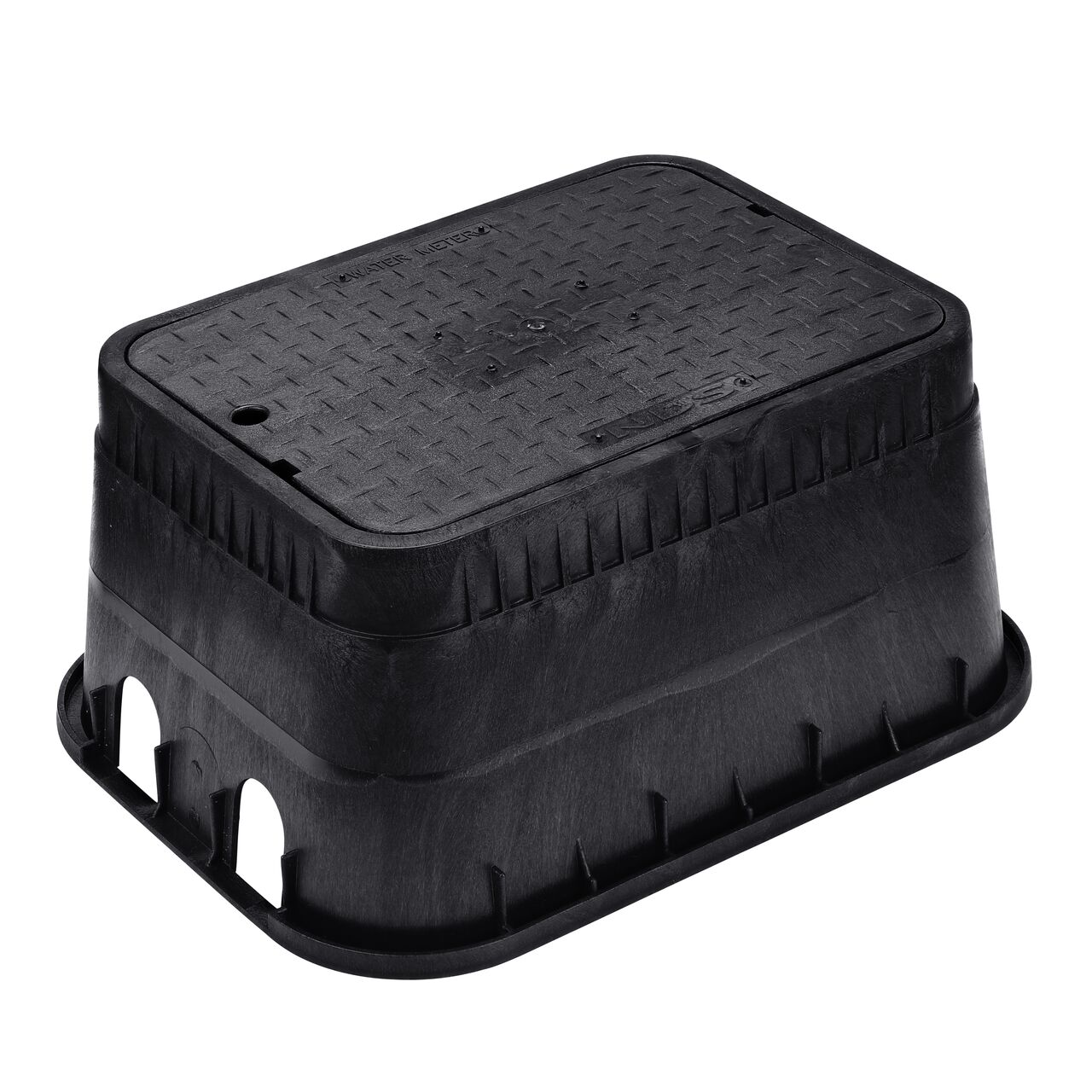 The NDS 13 in. X 20 in. Rectangular D1500 Meter Box with Dual Pipe Slot Meter Box and Cover is a 12 in. high Black Box and Black Cover with Water Meter markings on the drop-in lid (NDS D1500-DUDISB) and protects underground irrigation and sprinkler system components and keeps them out of sight