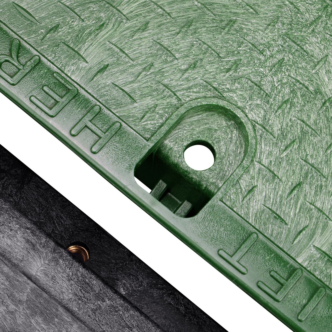 Align the bolt hole on the lid with the bolt hole from the NDS 13 in. X 20 in. Rectangular Standard Series Tapered Extension Black Box and Green Irrigation Control Valve Cover (NDS 119TBC) for a secure fit