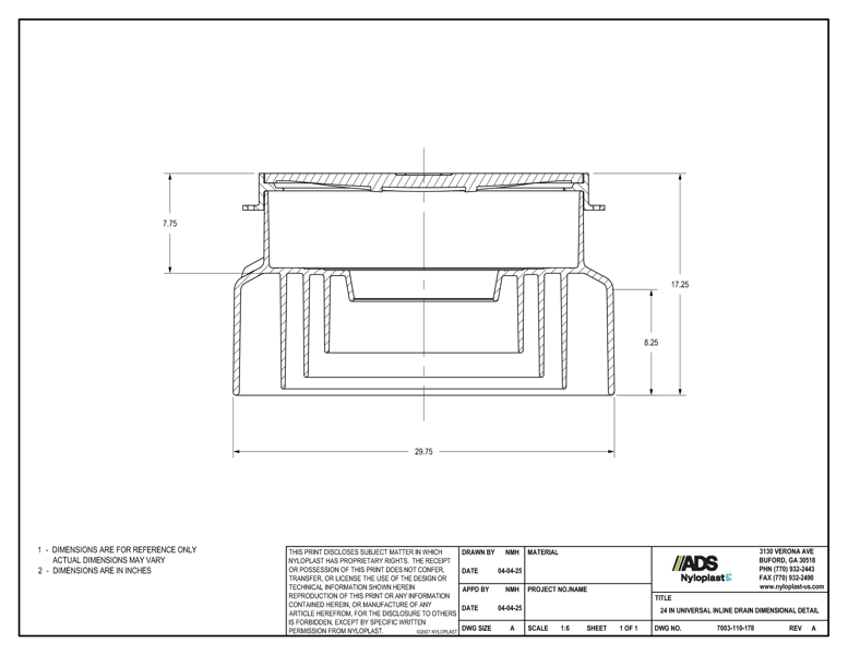 24" Universal Inline Drain Dimensional Nyloplast Detail