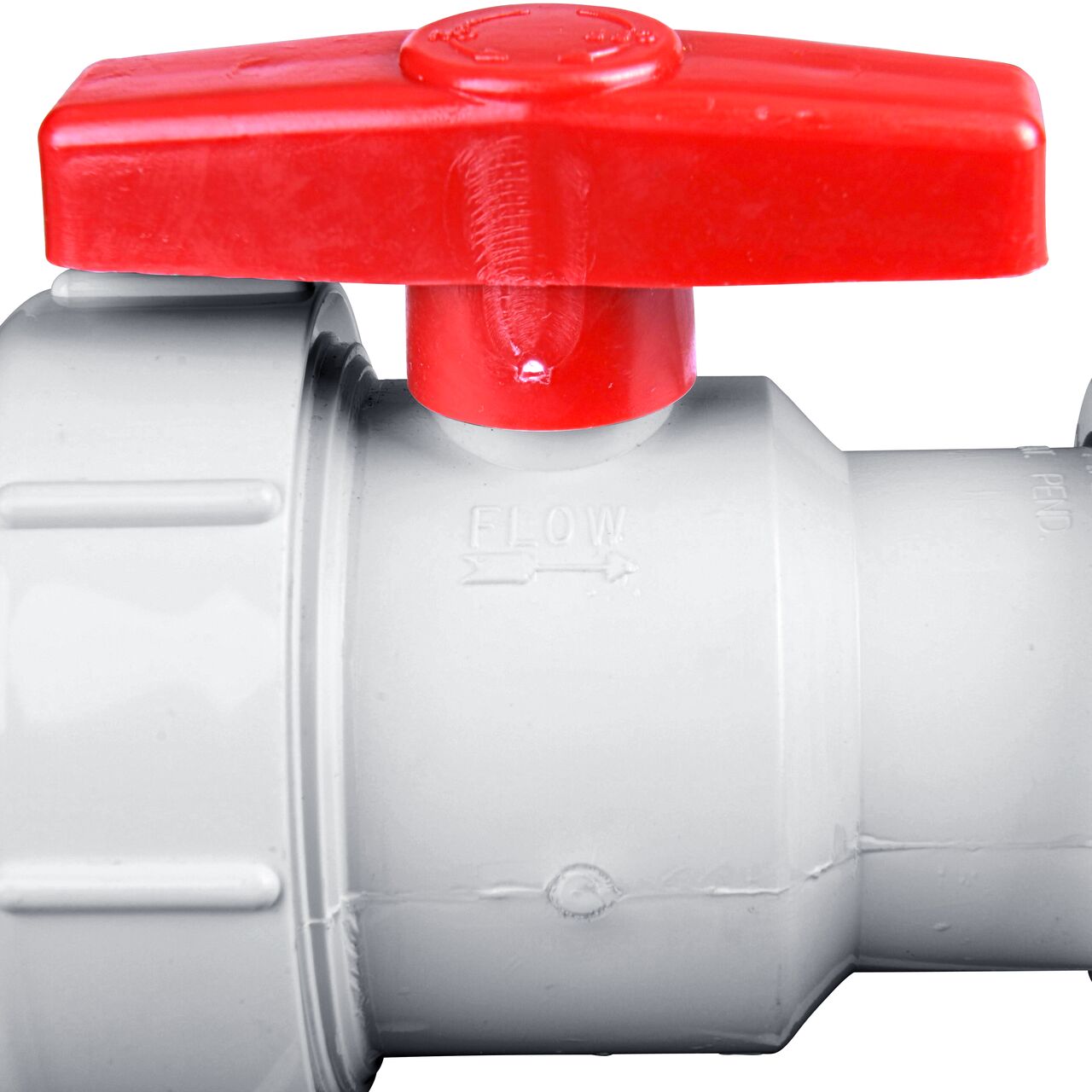 Closeup of the handle and flow markings on the NDS White 1-1/2 in, IPS U X U Checkmate PVC Swing Check and Ball Valve Combination (NDS 2200-15TU)