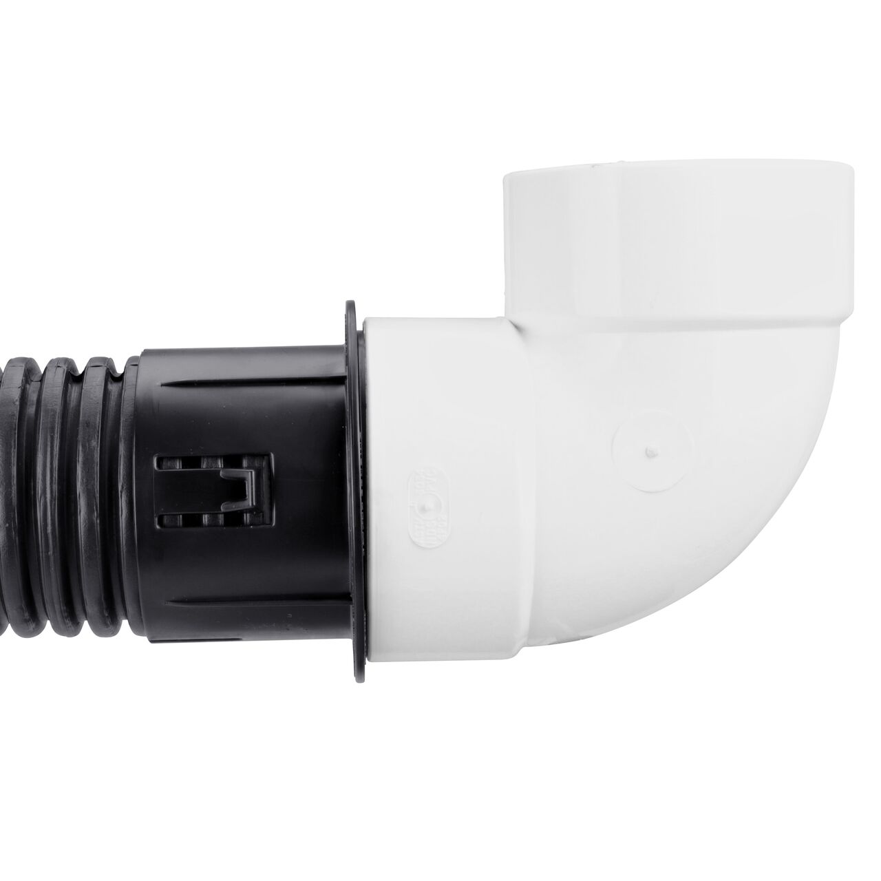 NDS Fitting Adapter (NDS 1241) connects the 4 in. PVC S&D 90° Elbow, 4 in. Hub X Hub (NDS 4P02) to 3 in. corrugated pipe
