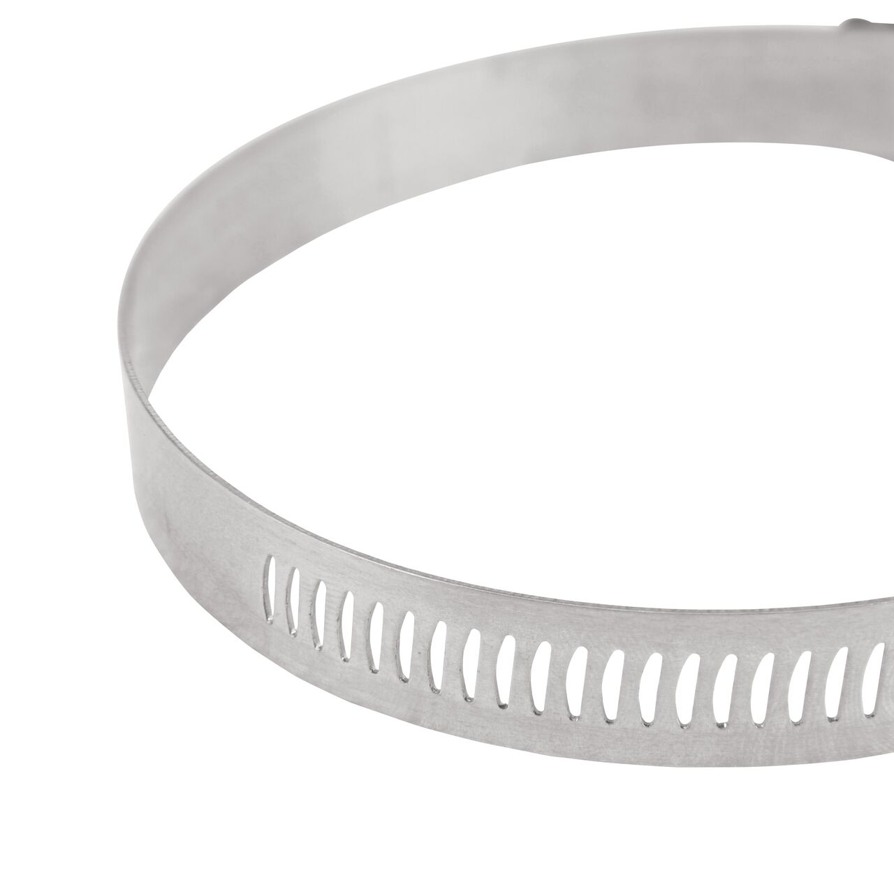 Closeup view of the arcial perforated slots in band for added strength and smoother engagement on the NDS SAE 52 Worm Drive Hose Clamp with Aero Seal 1/2 in. band width (NDS 64052H)