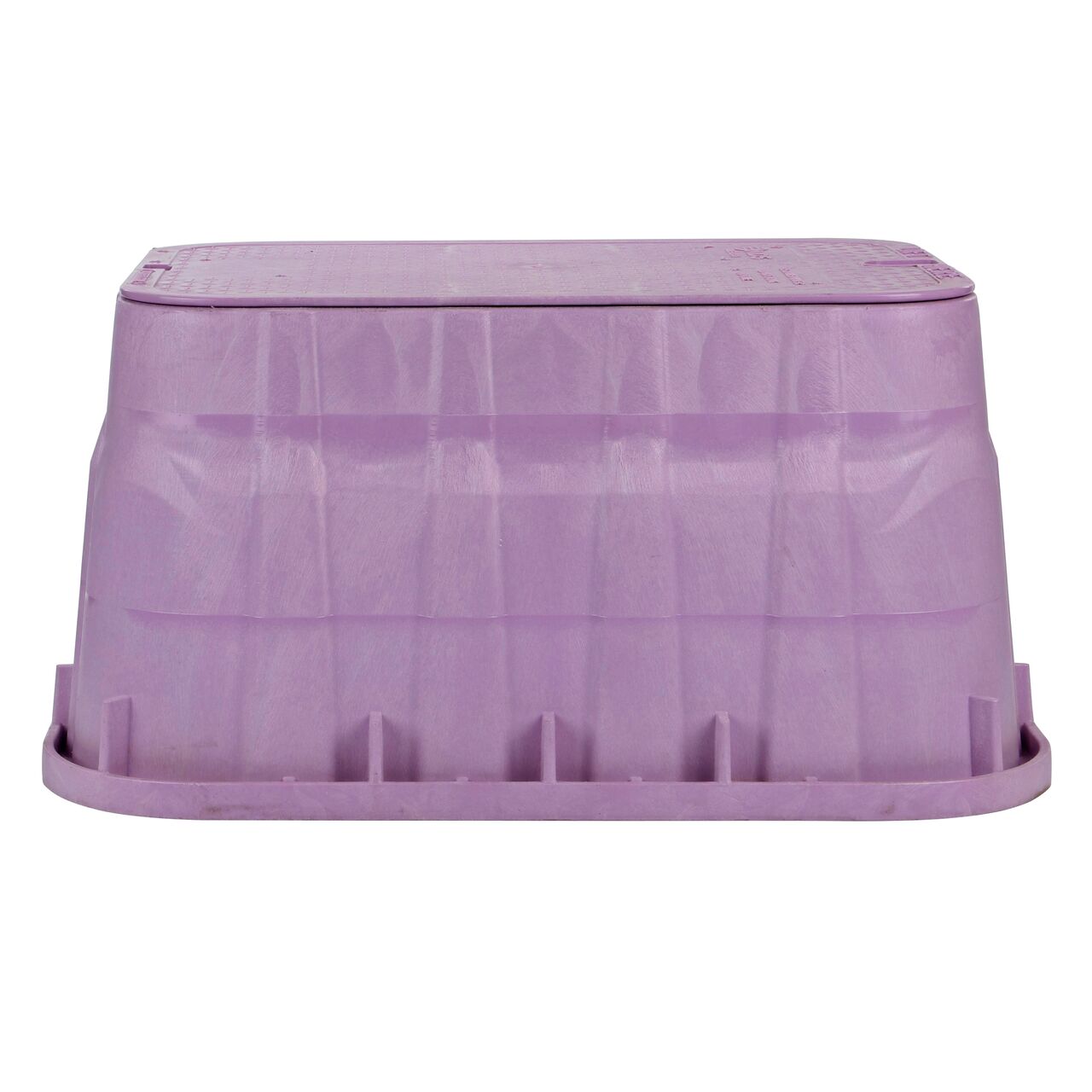 Side view of the longer length side of the NDS 13 in. X 20 in. Rectangular Pro-Spec® Series Valve Box & Reclaimed Water Cover (NDS SKU) which is engineered for superior strength with structural reinforcing ribs