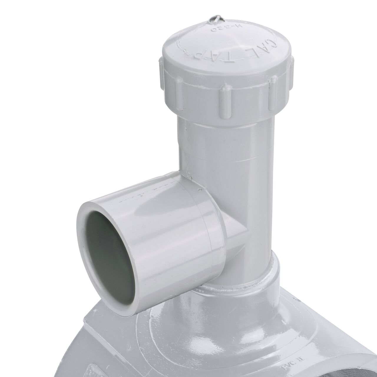Closeup view of the 1-1/2 in. socket or 2 in. spigot hot/wet tap connection point on the 6 in. NDS Flo-Tap™ Rigid PVC saddle with 1-1/2 in. socket or 2 in. spigot (NDS 3260)
