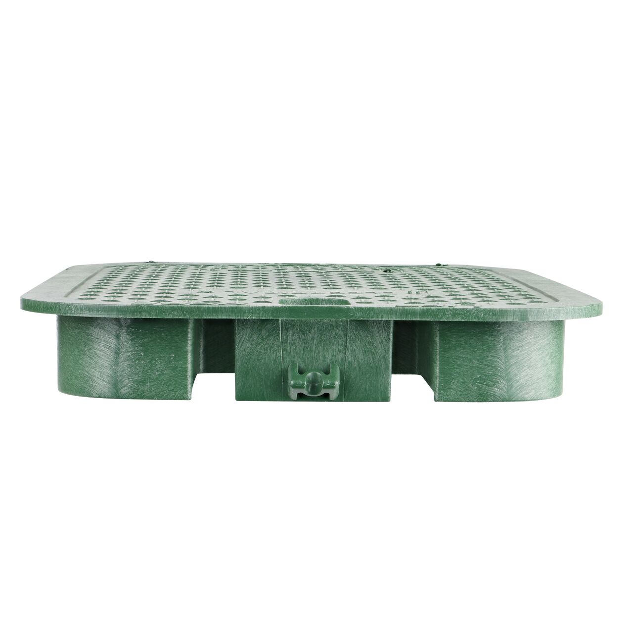 The NDS 14 X 19 in. Rectangular Standard Series Green Electrical Valve Box Cover (NDS 113CE) is an overlapping lid shown here from the side, that prevents dirt and debris from entering the valve box