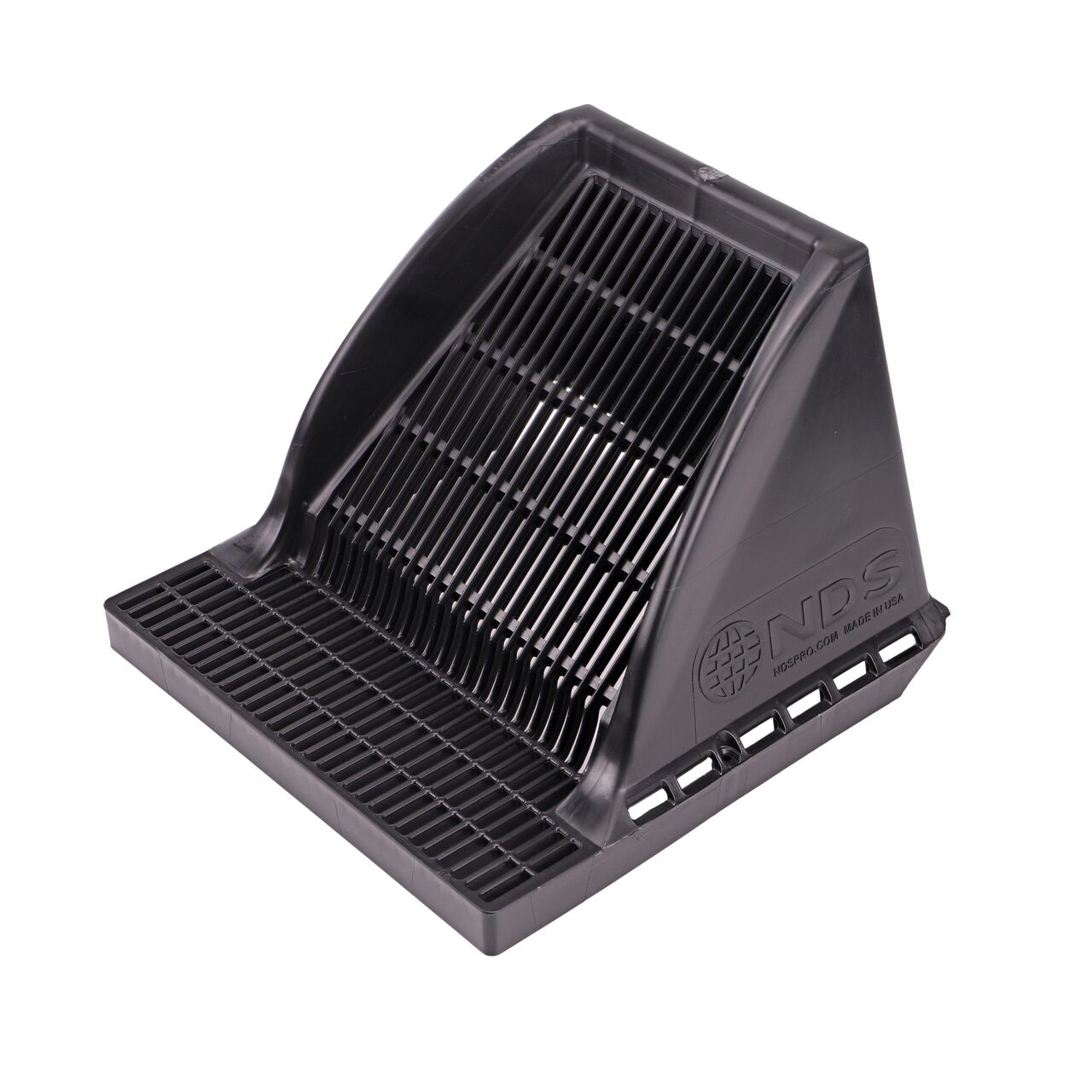 Hero shot of the 12 in. Square Catch Basin Downspout Grate (NDS 1200DSG, NDS 1200DSGRTL) which collects running water from rain gutter downspouts