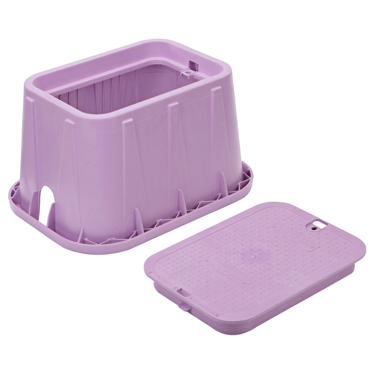 Unassembled View of the NDS 14 in. x 19 in. Rectangular Pro-Spec® Series Purple box and Purple Reclaimed Water cover with bolt (NDS 314PBCR), that secures the lid onto the box