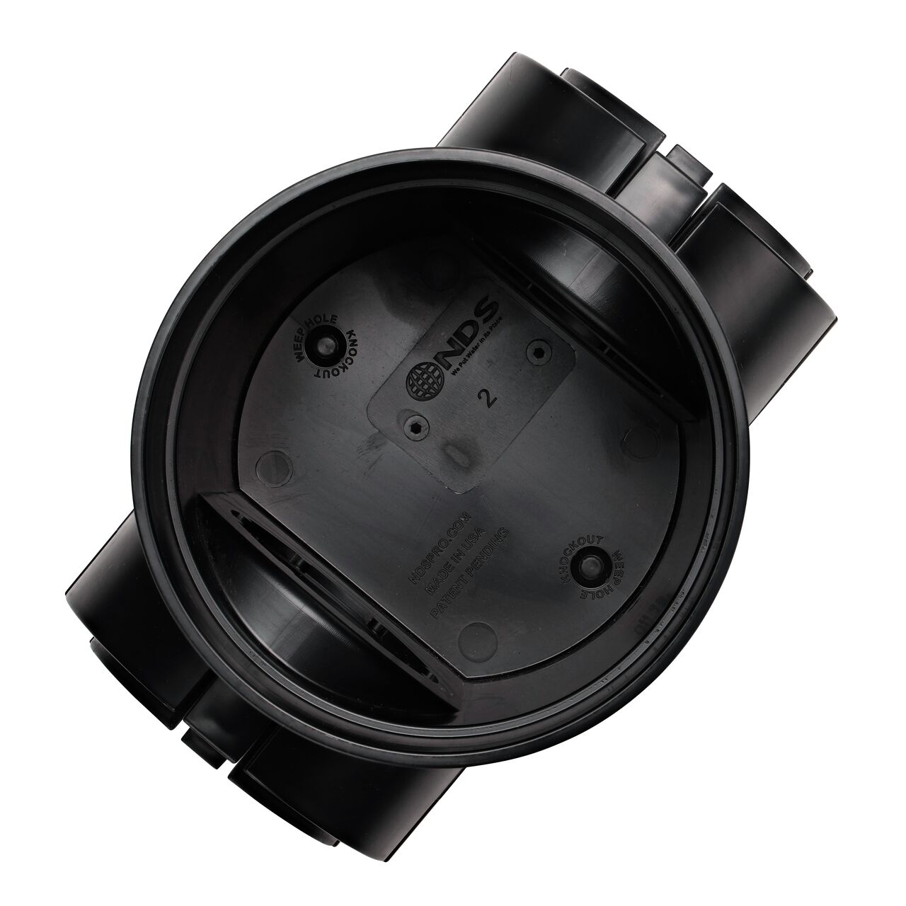 Top down view of the inside of the 2-outlet NDS 6 in. Round Spee-D Catch Basin Drain (NDS 201)