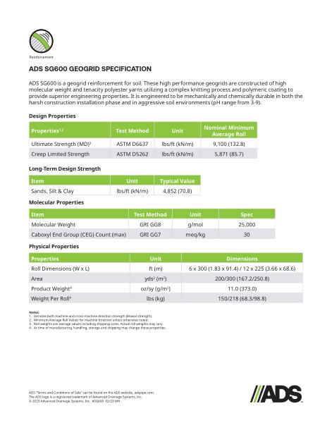 SG600 Geogrid Geosynthetic Specification