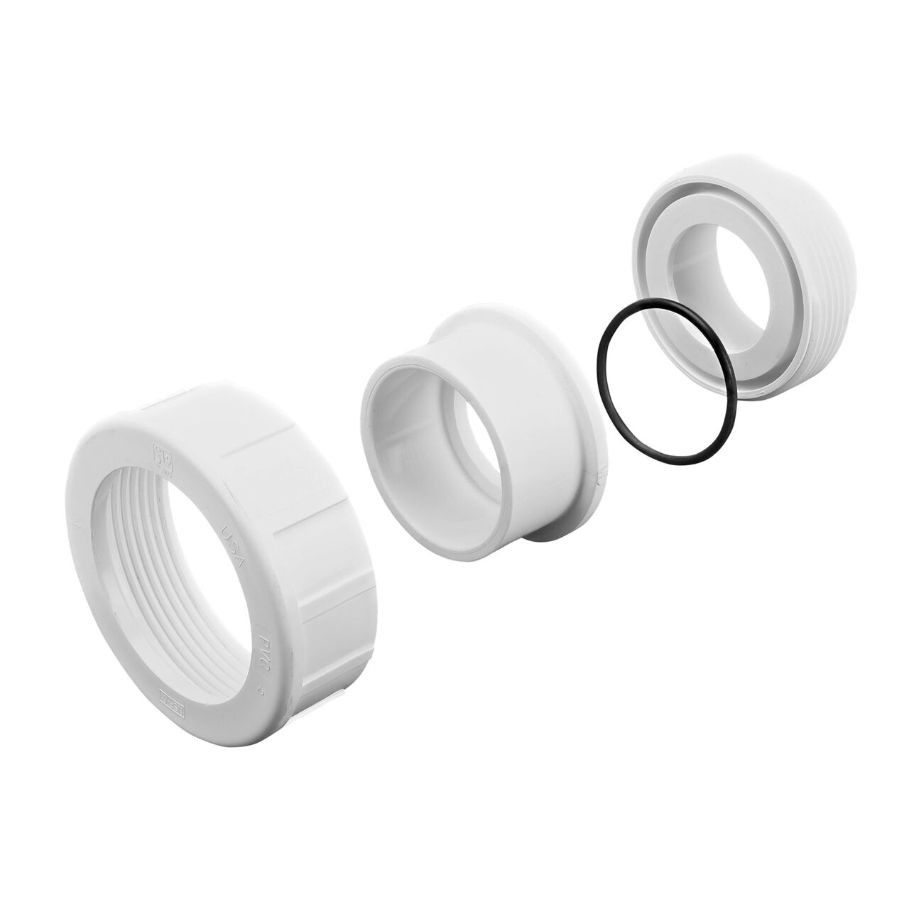 NDS PVC Union, 3 in. Sch. 40 S X S shown here unassembled includes the EPDM O-ring that is placed in the center of the union to create a leak-resistant seal (NDS WU-3000-S)