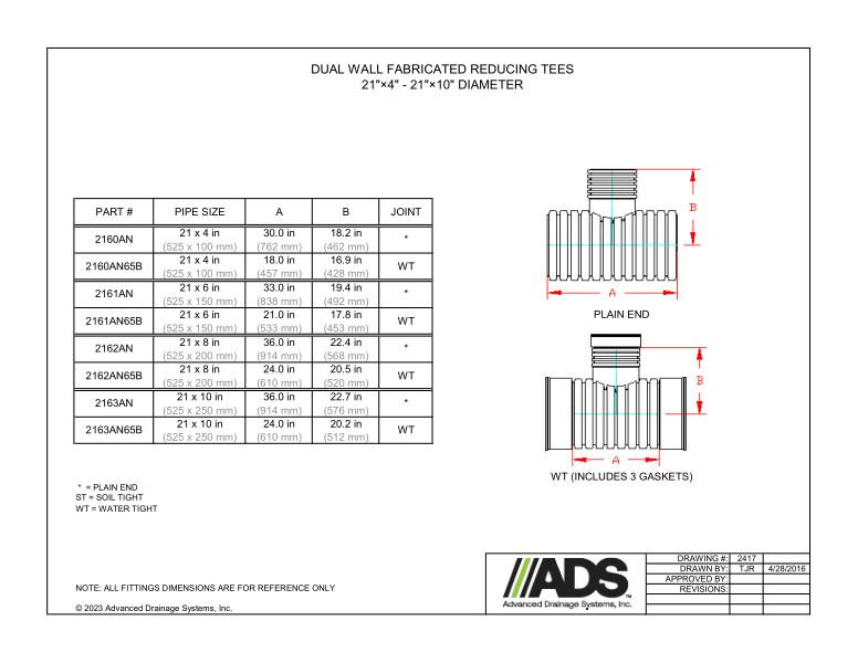 21" x 4" - 21" x 10" Fabricated Reducing Tees (HDPE Dual Wall Fabricated Tees Fittings)