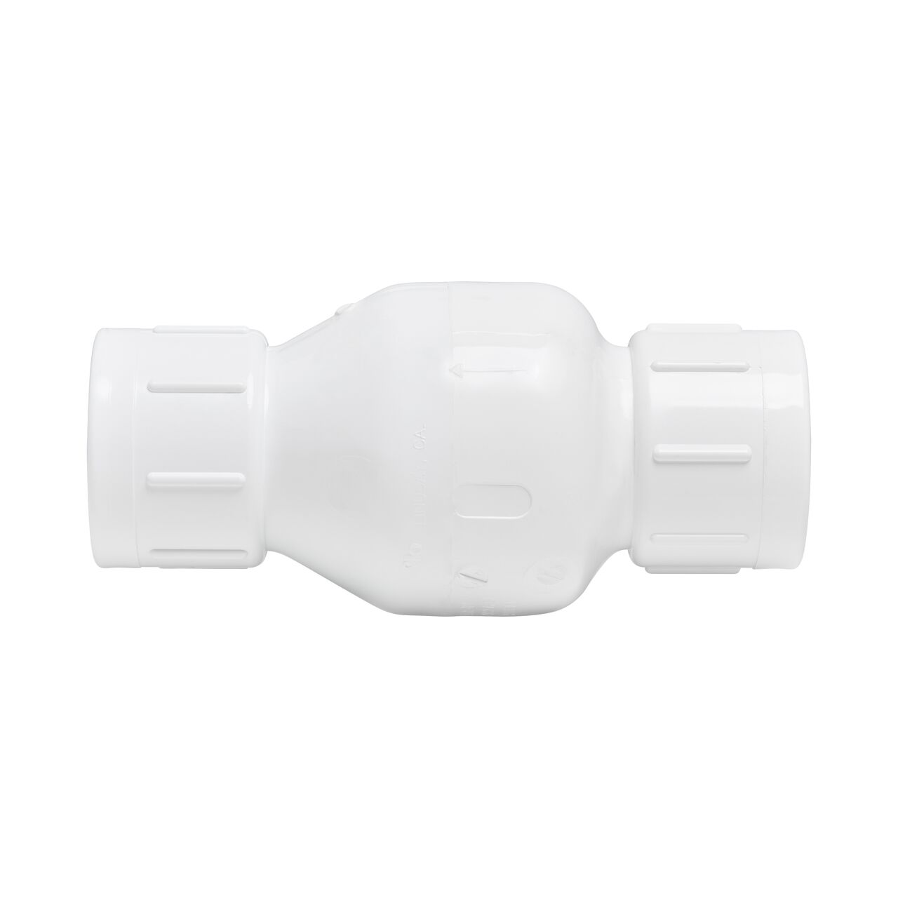 Side to side view of the NDS White 1-1/2 in. IPS Slip by Slip end PVC Adjustable Spring Check Valve with 30 lb. Spring (NDS 1228V15)