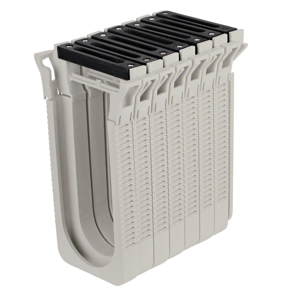 Seven Ductile Iron Slotted Design Dura Slope™ Channel Drain EZ-Track™ Radius Coupling Grate (NDS DS-232MG) installed on seven Dura Slope EZ-Track Radius Couplings (NDS DSRC) with no bend