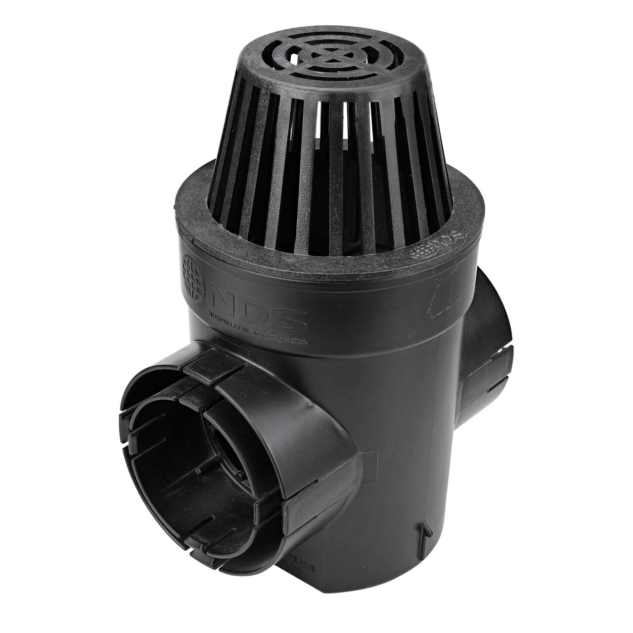 NDS Black Plastic 6 in. Atrum Grate (NDS 90) installed to a double outlet Spee-D Basin (NDS 201WHS)