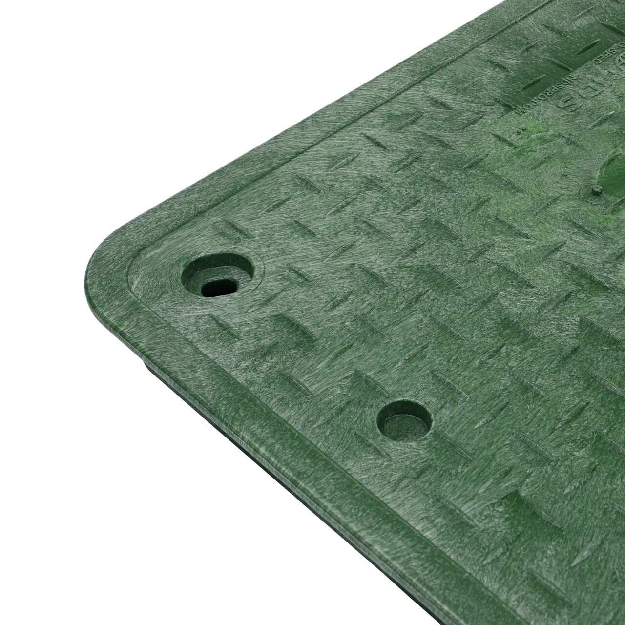 Closeup view of the locking mechanism and bolt hole on the Irrigation Control Valve cover (NDS 322C) for the NDS 13 in. X 24 in. Rectangular Pro-Spec® Series Valve Box