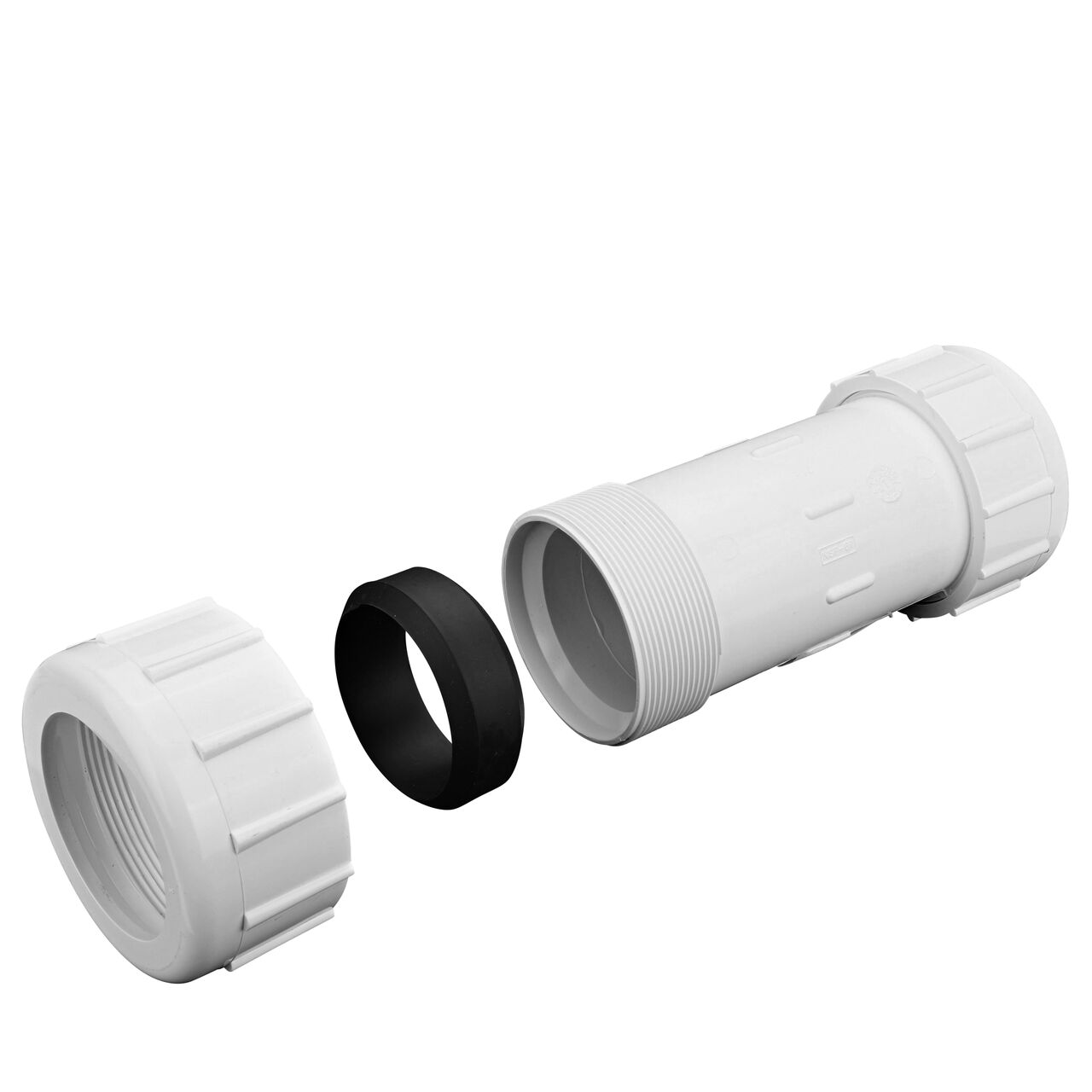 One unassembled end and one assembled end on the PVC Compression Coupling 2-1/2 in. IPS UC showing the Santoprene gasket and adjustable nut that tightens and secures to pipes providing a leak-resistant connection (NDS CPC-2500)