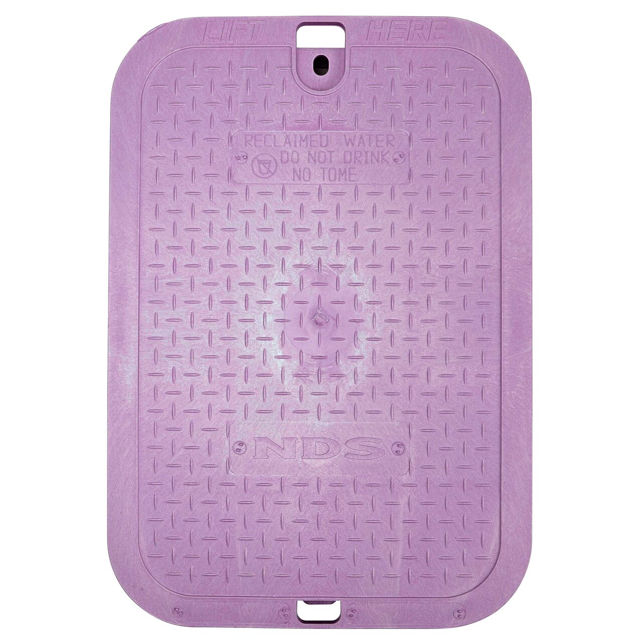 The top of Purple 14 in. X 19 in. Rectangular Reclaimed Water Cover with bolt hole to secure lid in place (NDS 113PBCR)